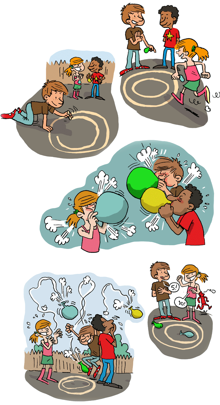 Bande dessinée pour expliquer le jeu des ballons aà gonfler. Pour le magazine Bonjour, des éditions Averbode. Vincent Rif