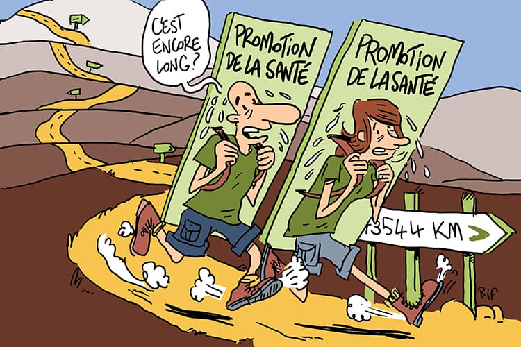 Dessin pour la Mutualité chrétienne selon un scénario préétabli fourni