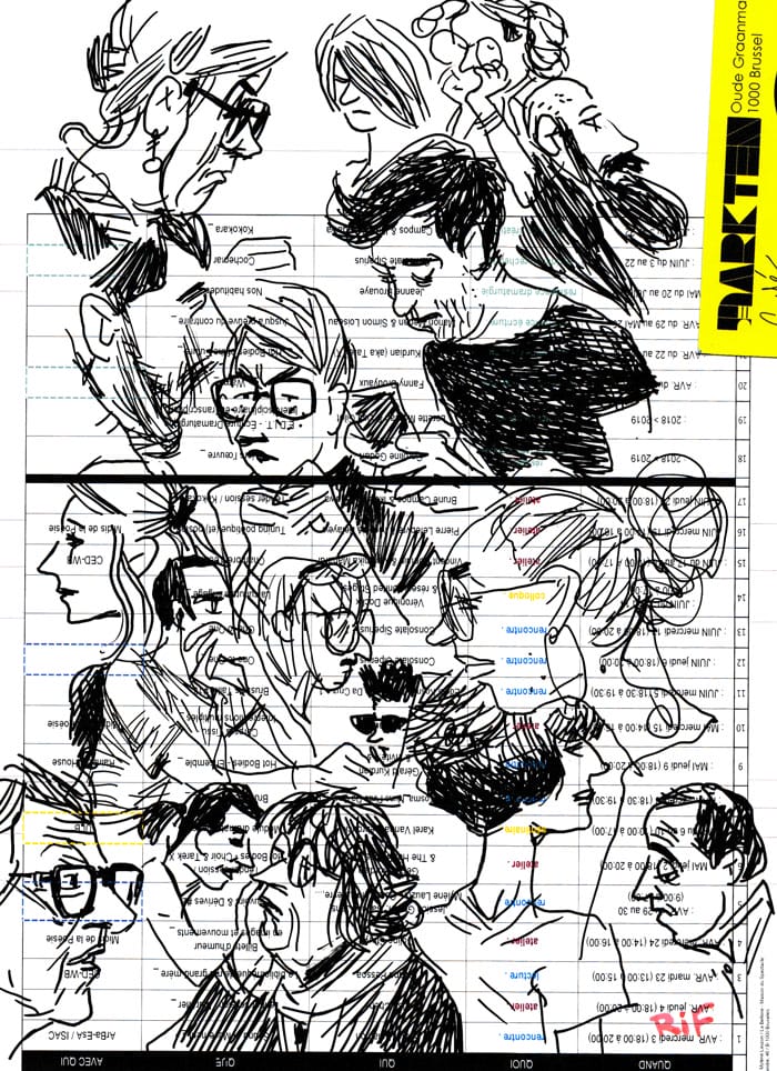 Croquis au feutre des clients de De Markten sur le programme de Avril de la Bellone.