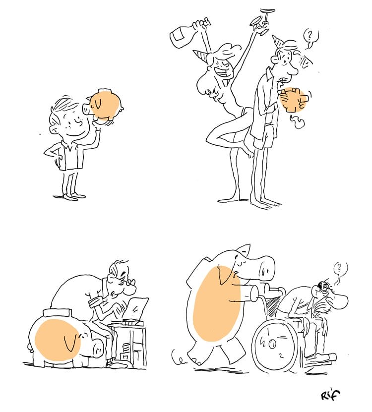 Le temps, c'est de l'argent. Une expression de la langue française dessinée par Vincent Rif.