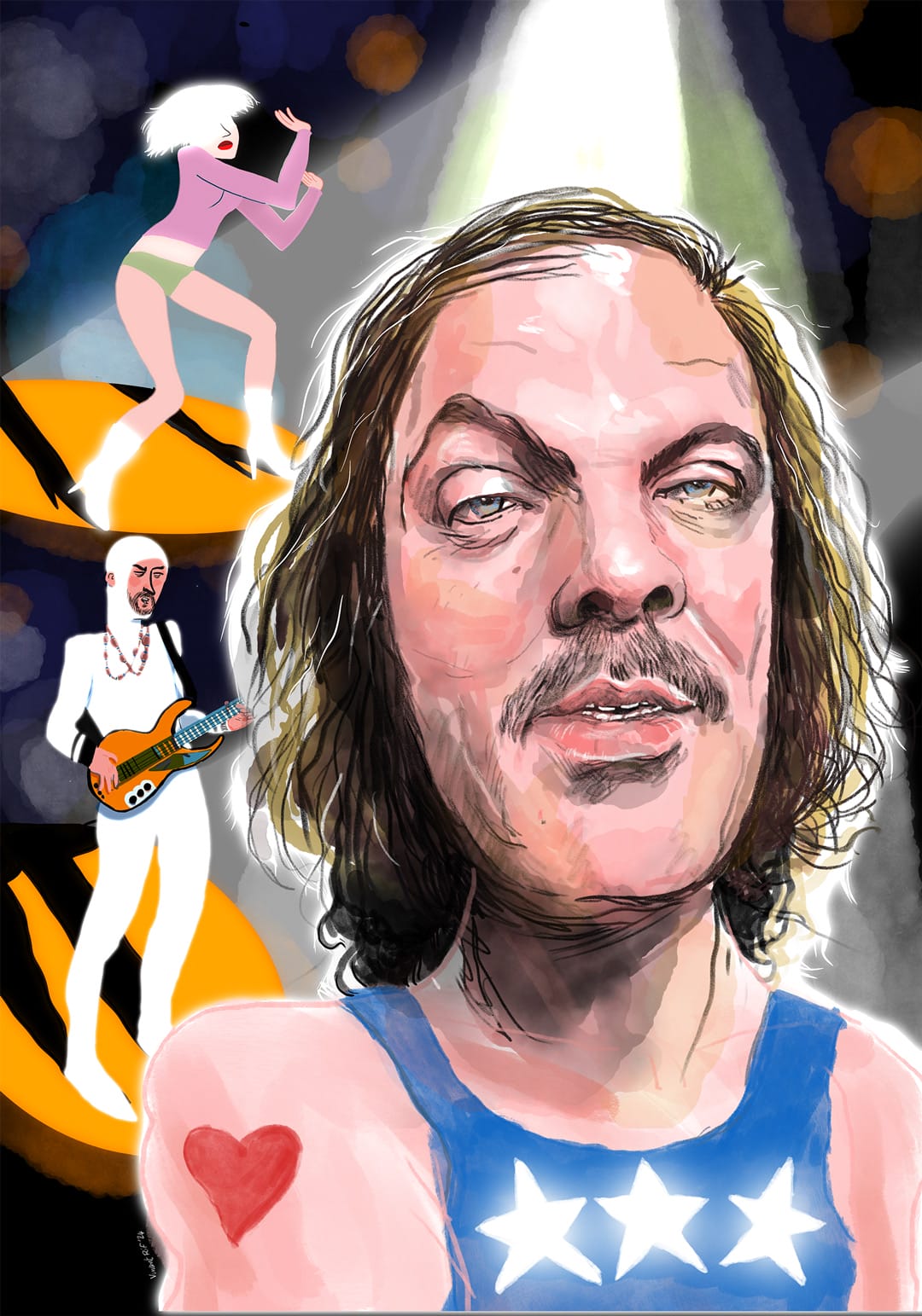 Philippe Katerine, portrait du chanteur et comédien par Vincent Rif. Dessin sur iPad pour l'expo " Music Graphics 2", en mars '24.