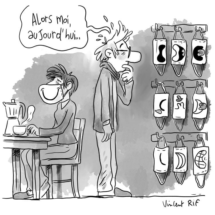 Dessin humoristique sur le masque sanitaire, nouveau geste matinal. Dessin extrait d'un carnet  d'illustration sur le confinement d'un illustrateur.