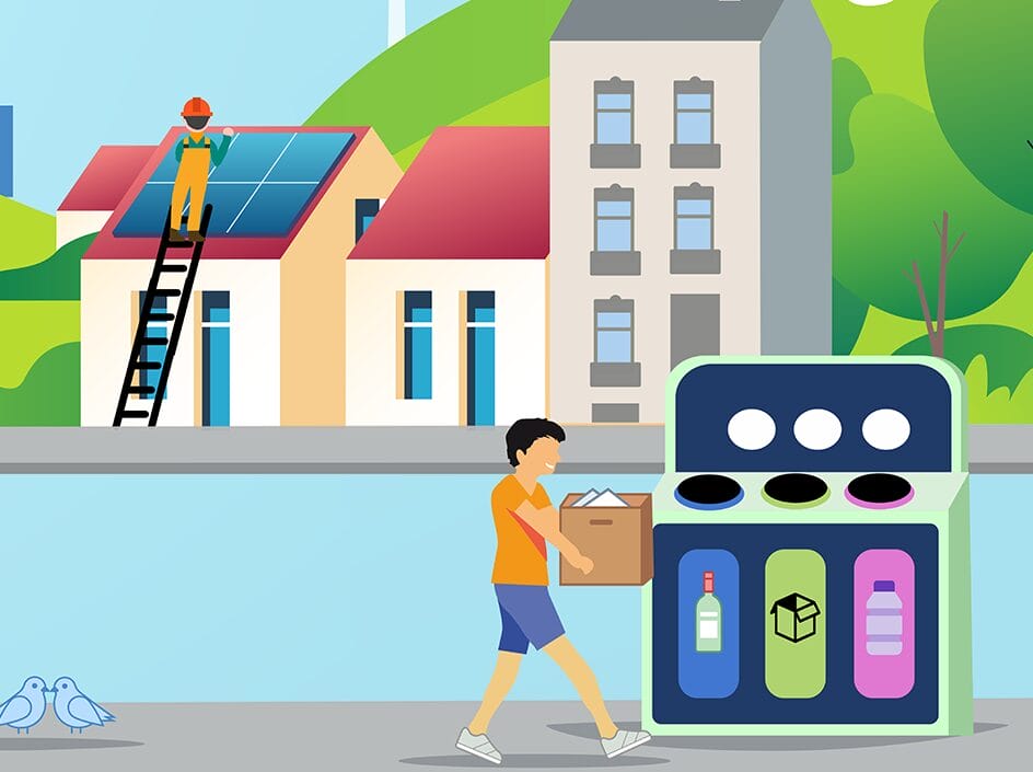 décarbonisation (recyclage, vélo, panneaux solaires, éolien, voiture électriques, transport en commun, végétation dans les villes, etc.)