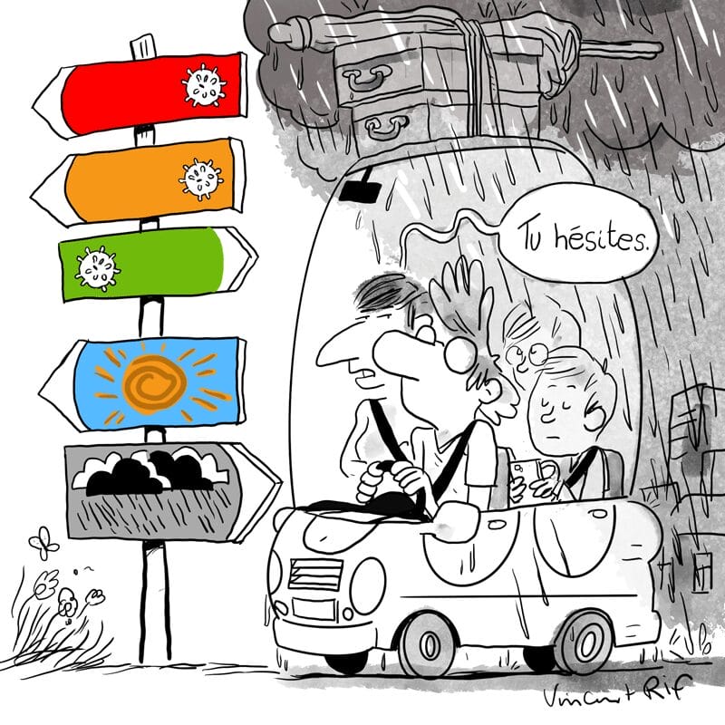 Dessin d'humour sur le couleur pour les voyages dessin voiture avec valises et paasger dépaqrt de vacances avec soleil ou pluie