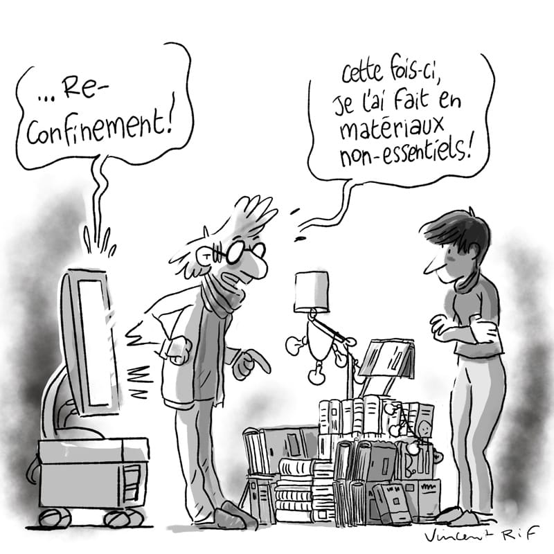 Confinement-non-essentiel dessin d'humour sur l'annonce du reconfinement et de la fermeture des commerces dits-non-essentiels