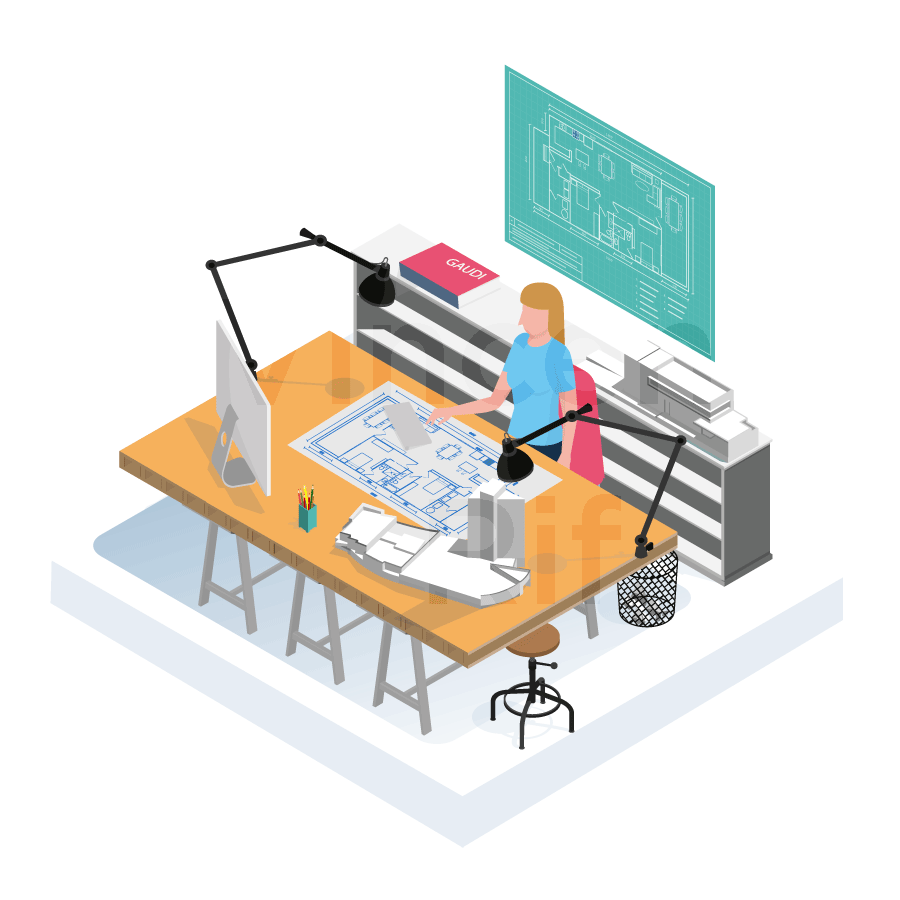 Illustration en perspective isométrique présentant les architectes d'intérieur présents dans la coopérative d'entrepreneurs Dies