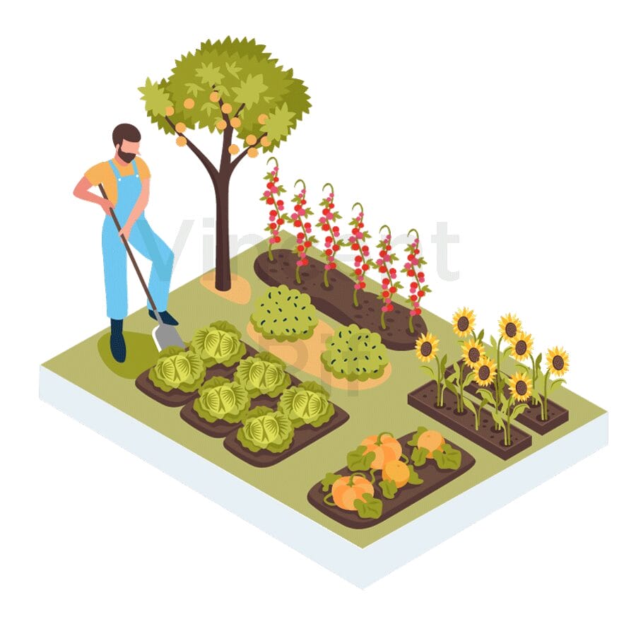 permaculture ou permaculteur, un métier sous forme d'une illustration en persepective isométrique