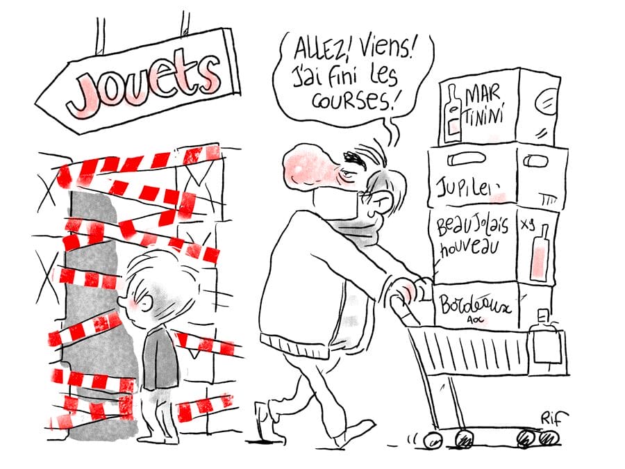 dessin humoristique sur la vente de biens esstiels durant le deuxième confinement