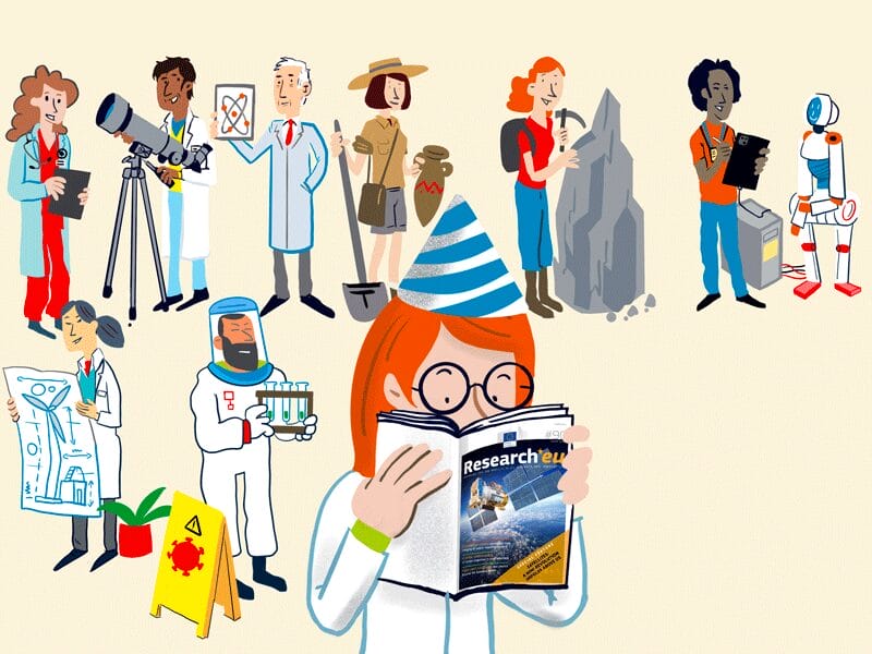 Visuel pour une carte postale célébrant l'anniversaire du centième numéro magazine Research EU. Pour l'agence Tipik