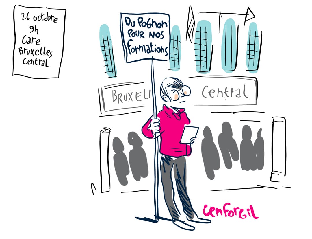 Reportage dessiné de la manifestation du secteur de l'insertion socio-professionnellede la région bruxelloise du 26 octobre 2021