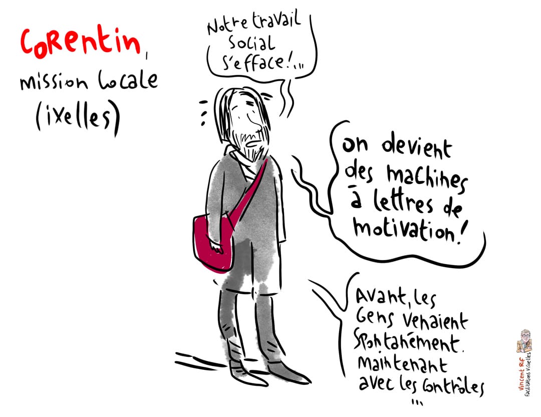 Reportage dessiné de la manifestation du secteur de l'insertion socio-professionnellede la région bruxelloise du 26 octobre 2021