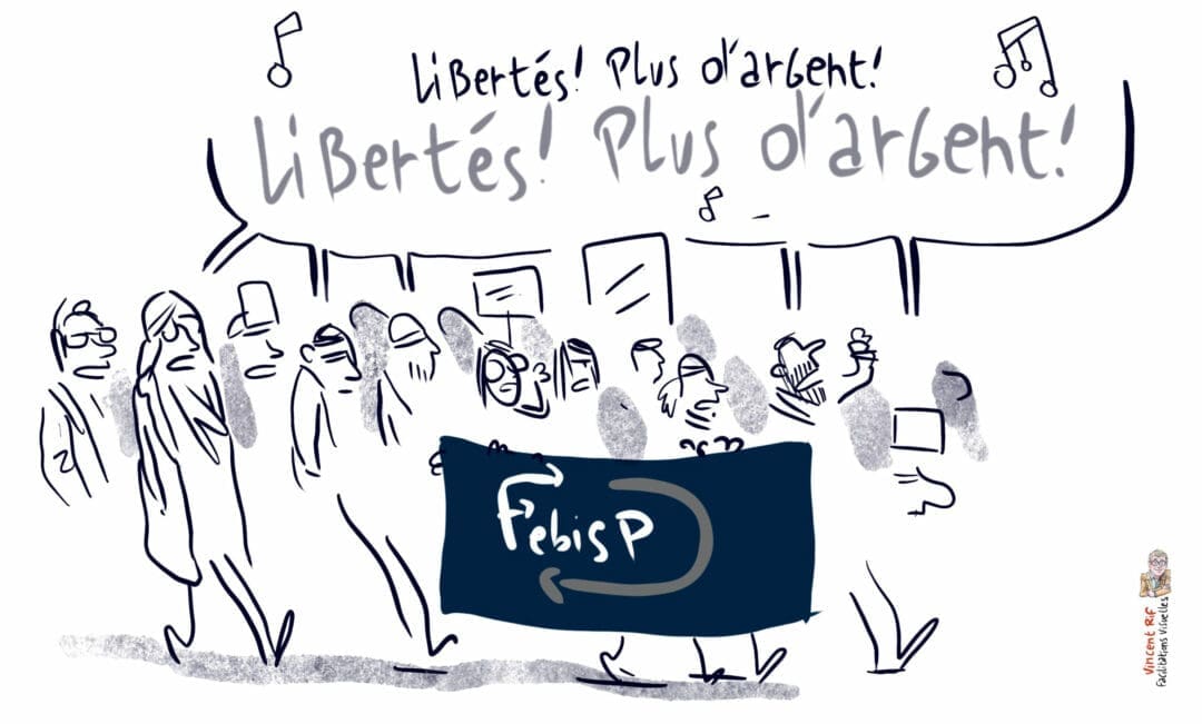 Reportage dessiné de la manifestation du secteur de l'insertion socio-professionnellede la région bruxelloise du 26 octobre 2021