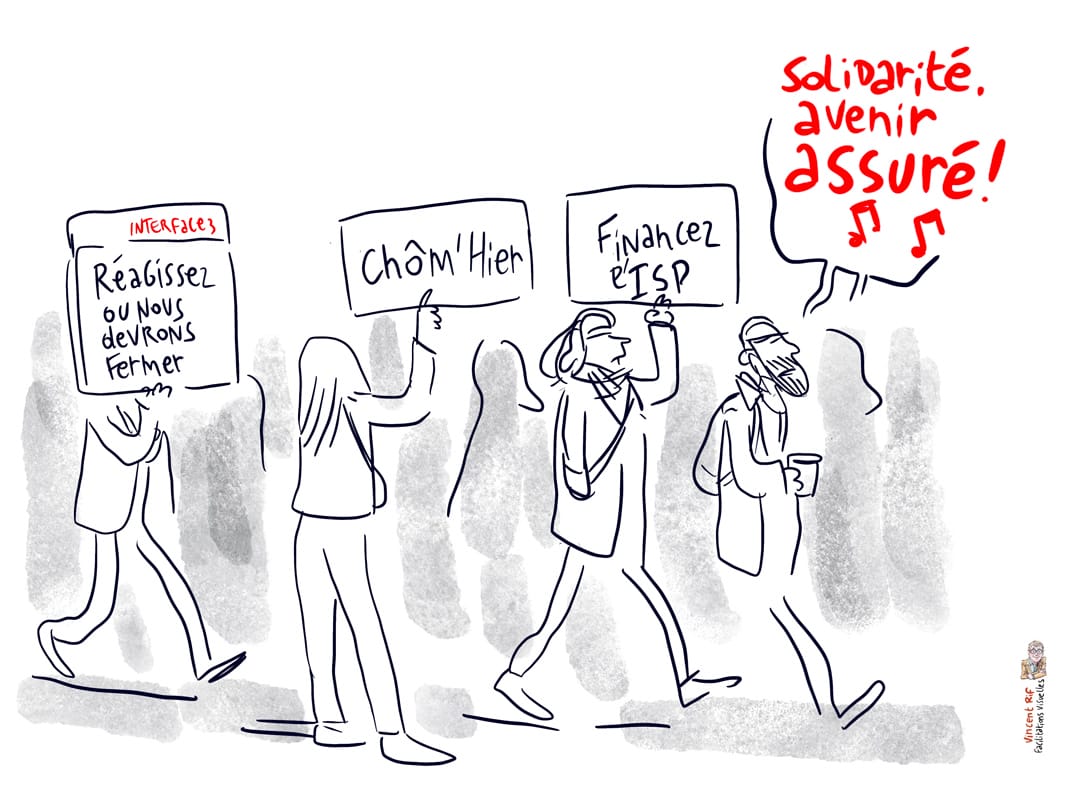 Reportage dessiné de la manifestation du secteur de l'insertion socio-professionnellede la région bruxelloise du 26 octobre 2021