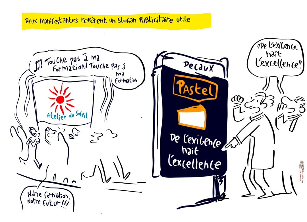 Reportage dessiné de la manifestation du secteur de l'insertion socio-professionnellede la région bruxelloise du 26 octobre 2021