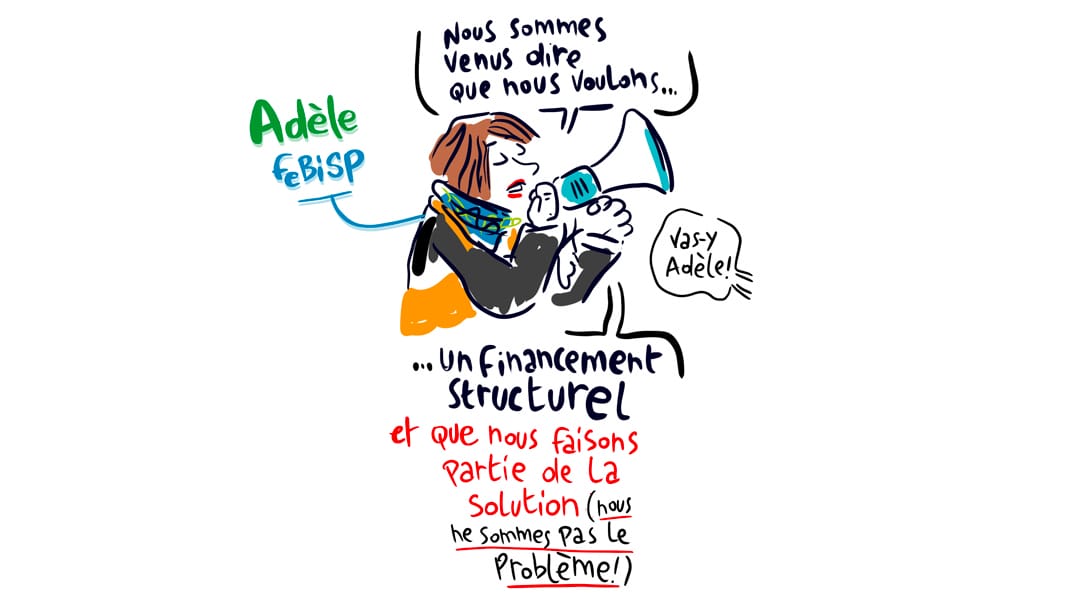 Reportage dessiné de la manifestation du secteur de l'insertion socio-professionnellede la région bruxelloise du 26 octobre 2021