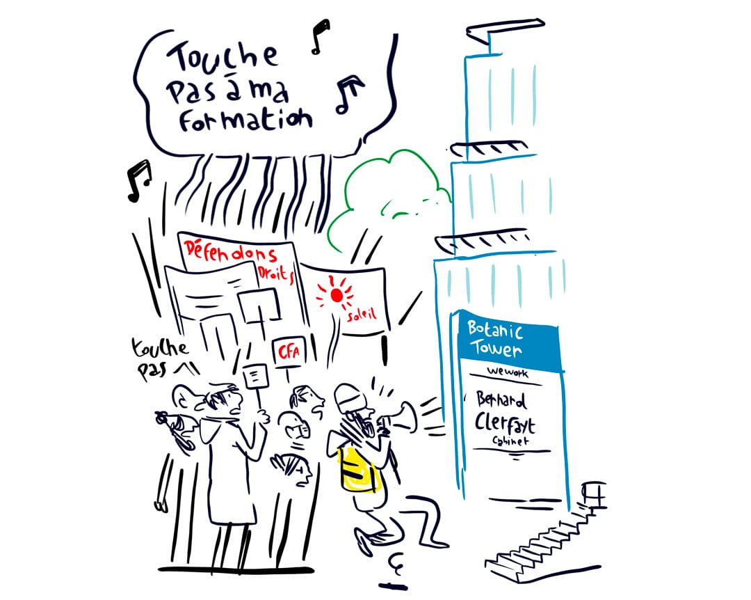 Reportage dessiné de la manifestation du secteur de l'insertion socio-professionnellede la région bruxelloise du 26 octobre 2021