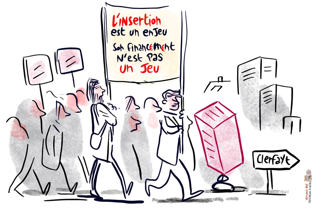 Reportage dessiné de la manifestation du secteur de l'insertion socio-professionnellede la région bruxelloise du 26 octobre 2021