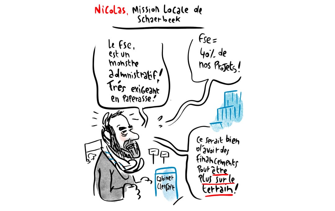 Reportage dessiné de la manifestation du secteur de l'insertion socio-professionnellede la région bruxelloise du 26 octobre 2021