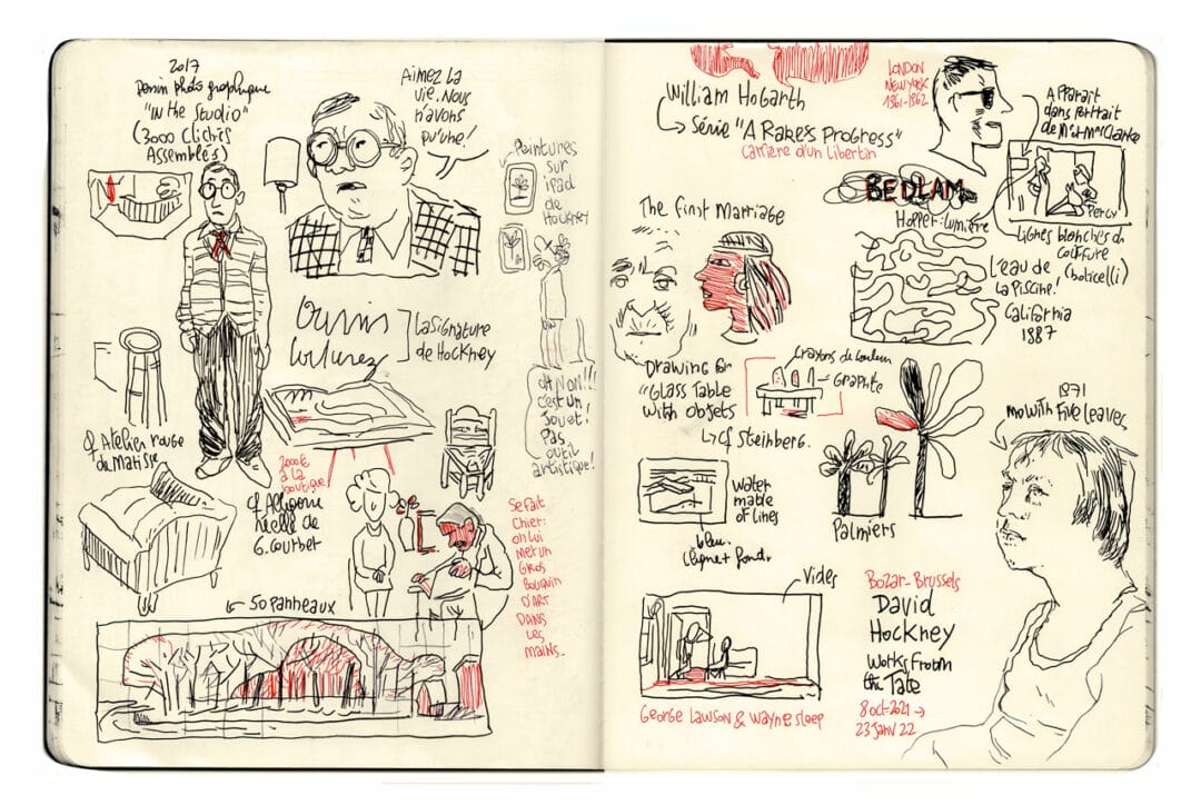 Graphic recording (facilitation visuelle) d'une exposition David Hockney à Bozar, Bruxelles, Belgique. Photos interdites.