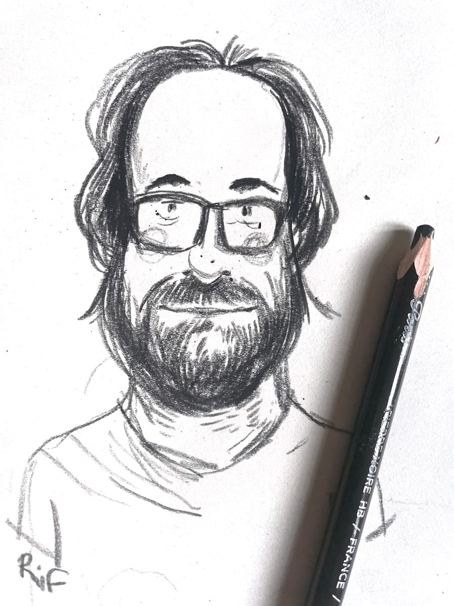 Portrait à la pierre noir de Deis Bertno, libraire de "A Fond de Bulles", librairie Bd De Woluwe-Saint Lambert