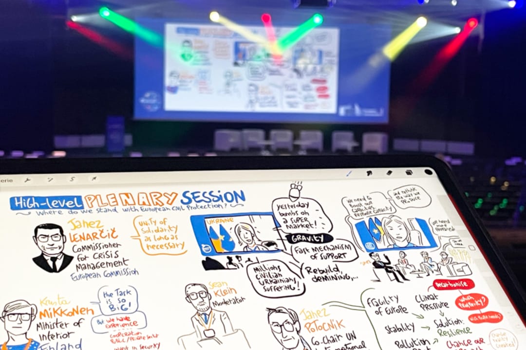 Photo d'une Facilitation graphique en cours de Vincent Rif pour le 7 European Civil Protection Forum 2022, Le Square, Bruxelles
