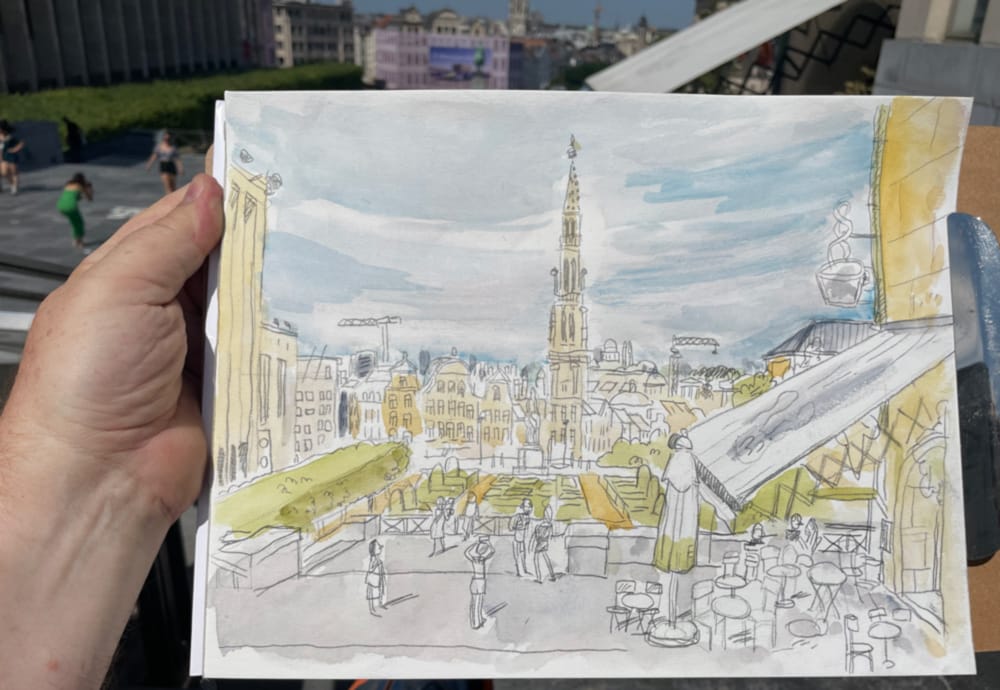 Crayonné d'une quarelle de vincent Rif au Mont des Arts