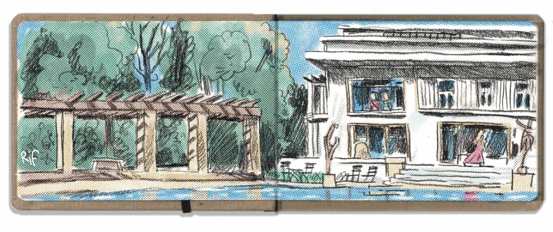 fondation-boghossian-villa-empain-piscine Fondation Boghossian ou Villa Empain. Dessin depuis la piscine à la pierre noire sur carnet de voyage Canson et colorisé sur Procreate.