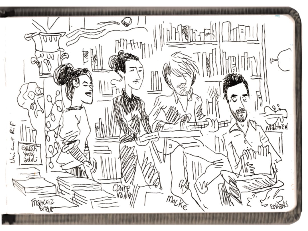 Croquis lors de la présentation du livre Grand déménagement. Un livre écrit par Mathieu Pierloot et accompagné par un CD de Françoiz Breut.