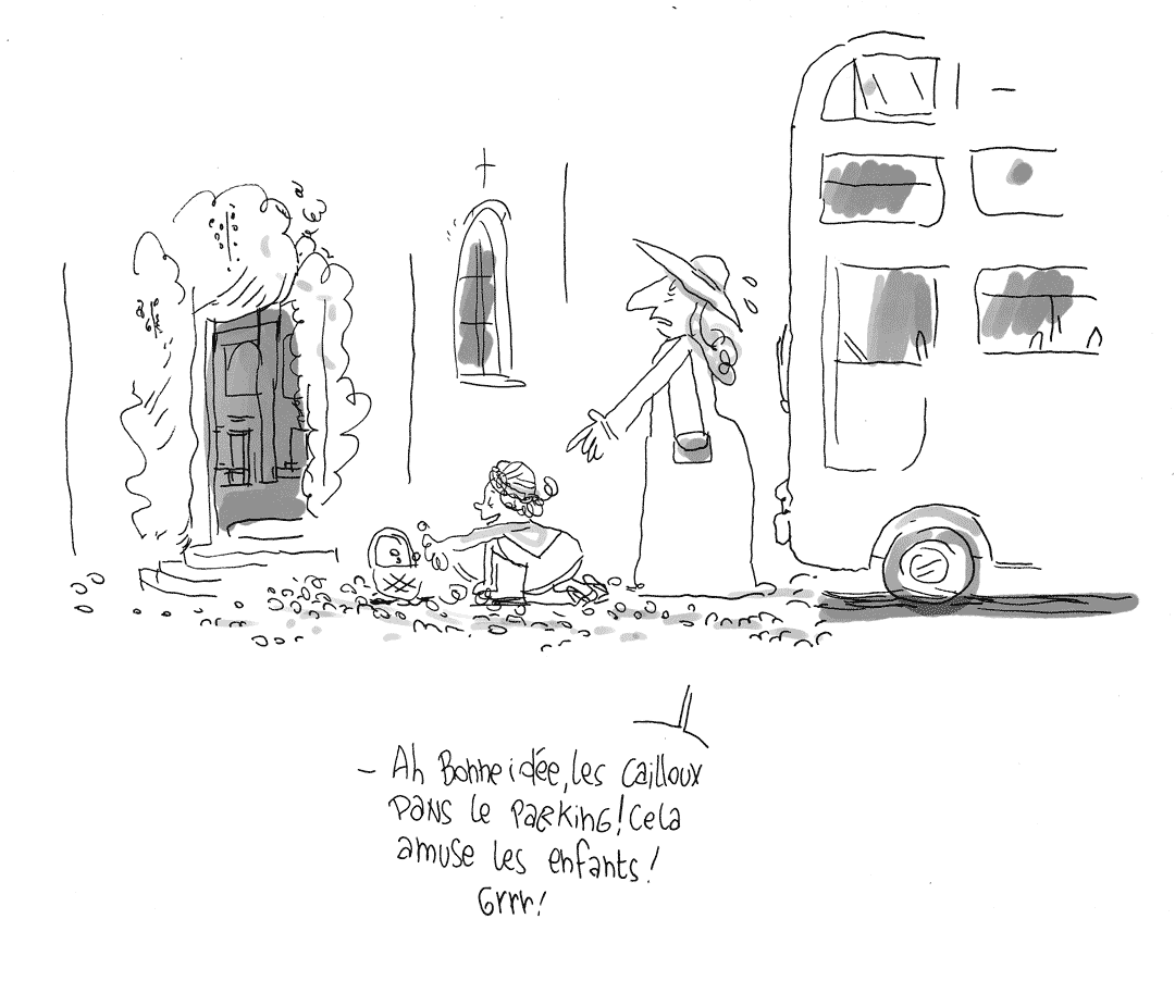 Les cailloux amusent les enfants de choeur. Dessins de reportage de mariage par dessinateur avec anecdotes