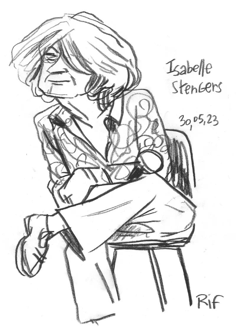 Portrait à la pierre noire de Isabelle Stengers, philiosophe