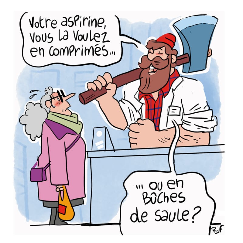 Aspirine En Buches aspirine et saule. Illustration pour Que Choisir de Vincent Rif, facilitateur graphique et illustrateur pour la presse et l'édition