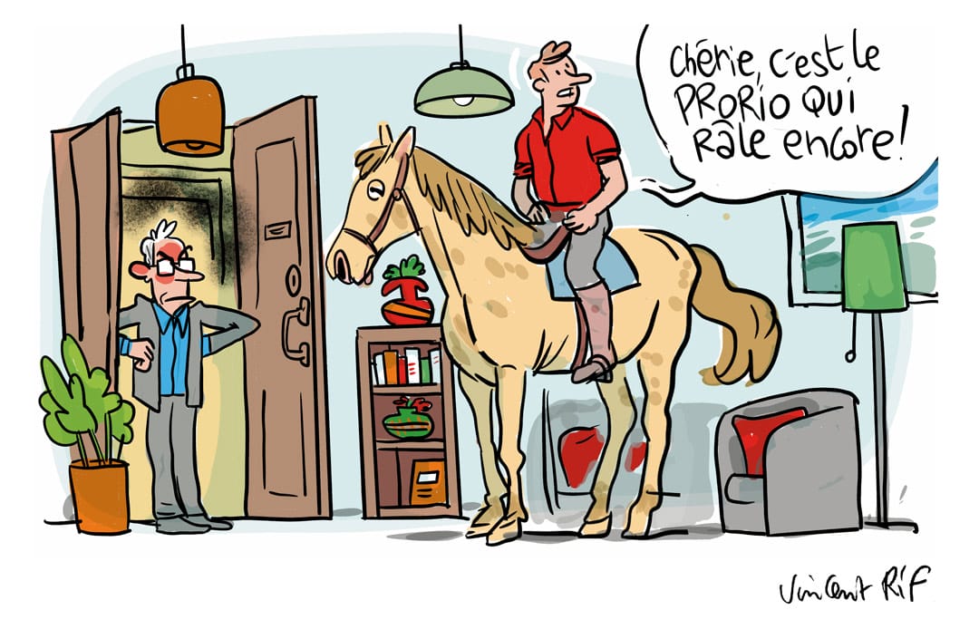 droits des locataires avec des animaux domestiques, illustration de Vincent Rif pour magazine que Choisir. exemple avoir un cheval dans un appartement