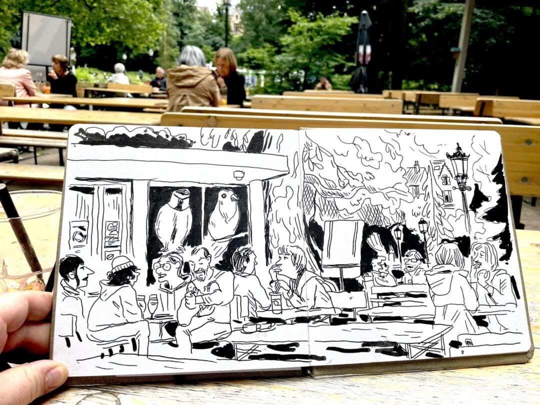 Croquis de la terrasse du café la Laiterie dans le parc Josaphat.