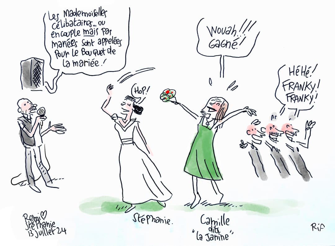 le lancer de bouquet de la mariée - par Vincent Rif, dessinateur de mariage