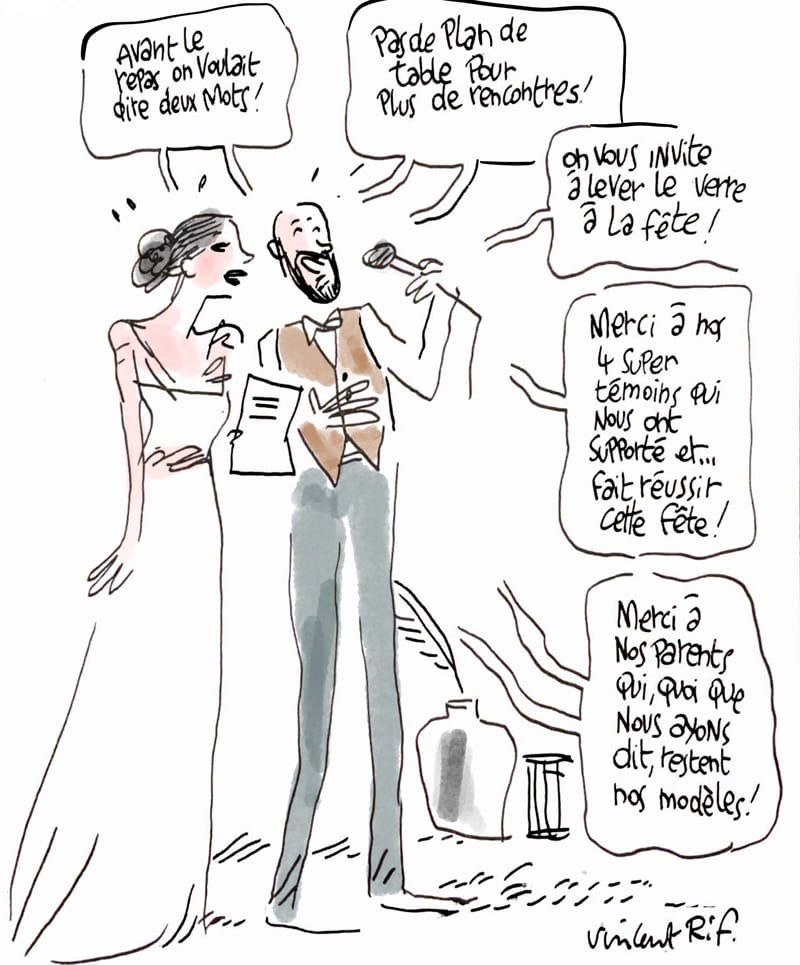 Remerciements en dessin aux invités et au dessinateur de mariages