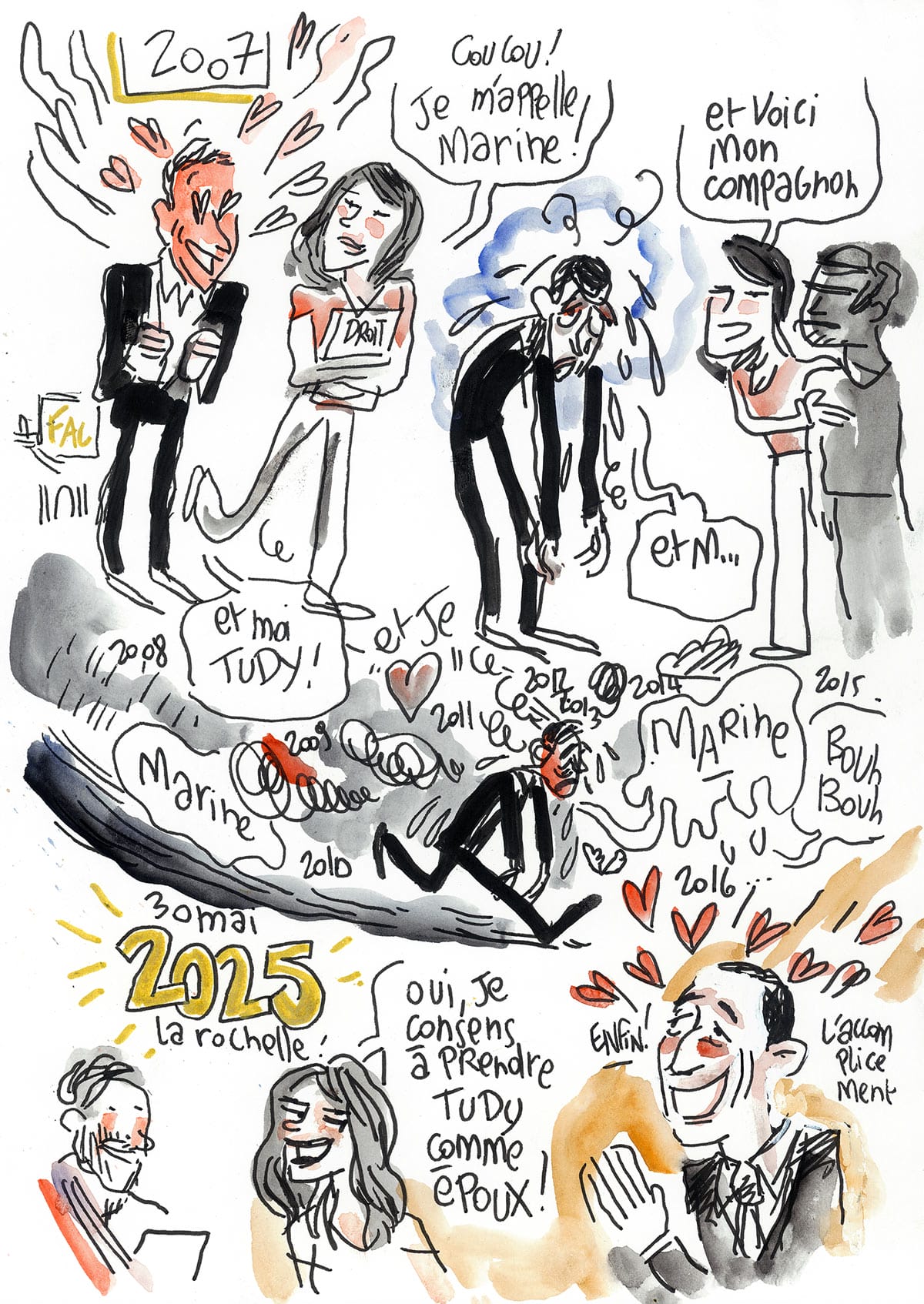 Dessin d'un mariage à La Rochelle (Charente-Maritime). BD demandée par le marié, un histoire d'une rencontre et d'un mariage