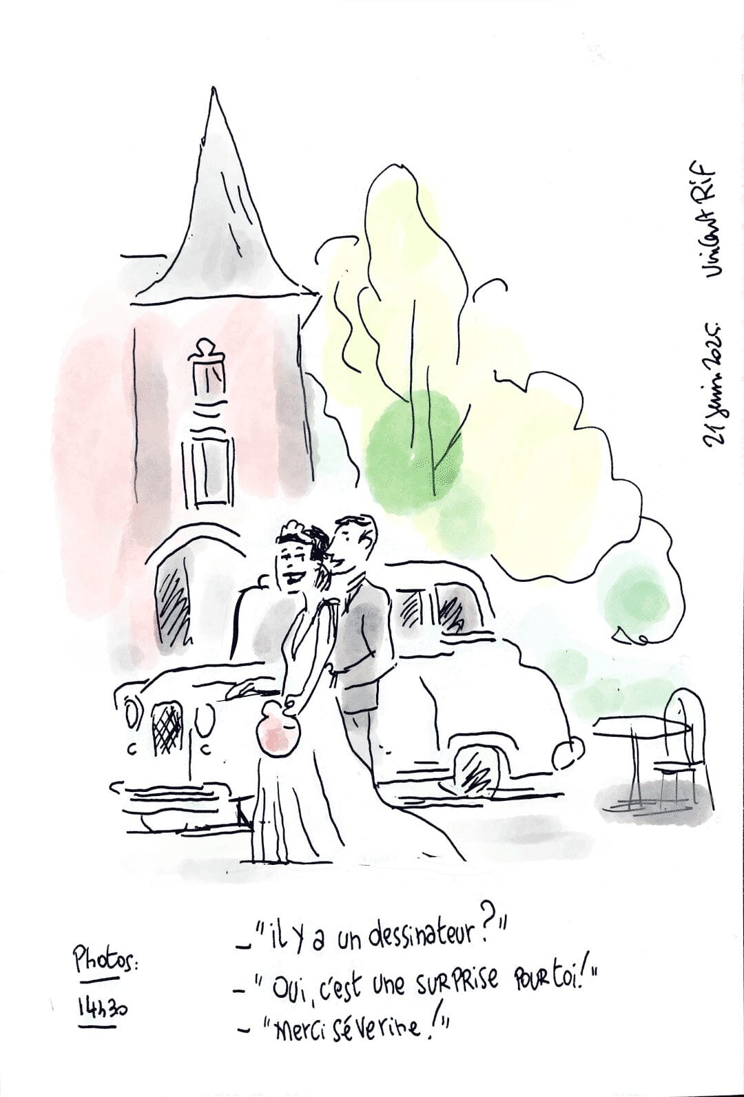 Dessin d'un mariage à La Rochelle (Charente-Maritime). photographie du mariage à la mairie de la Rochelle, intérieur, devant l'entrée
