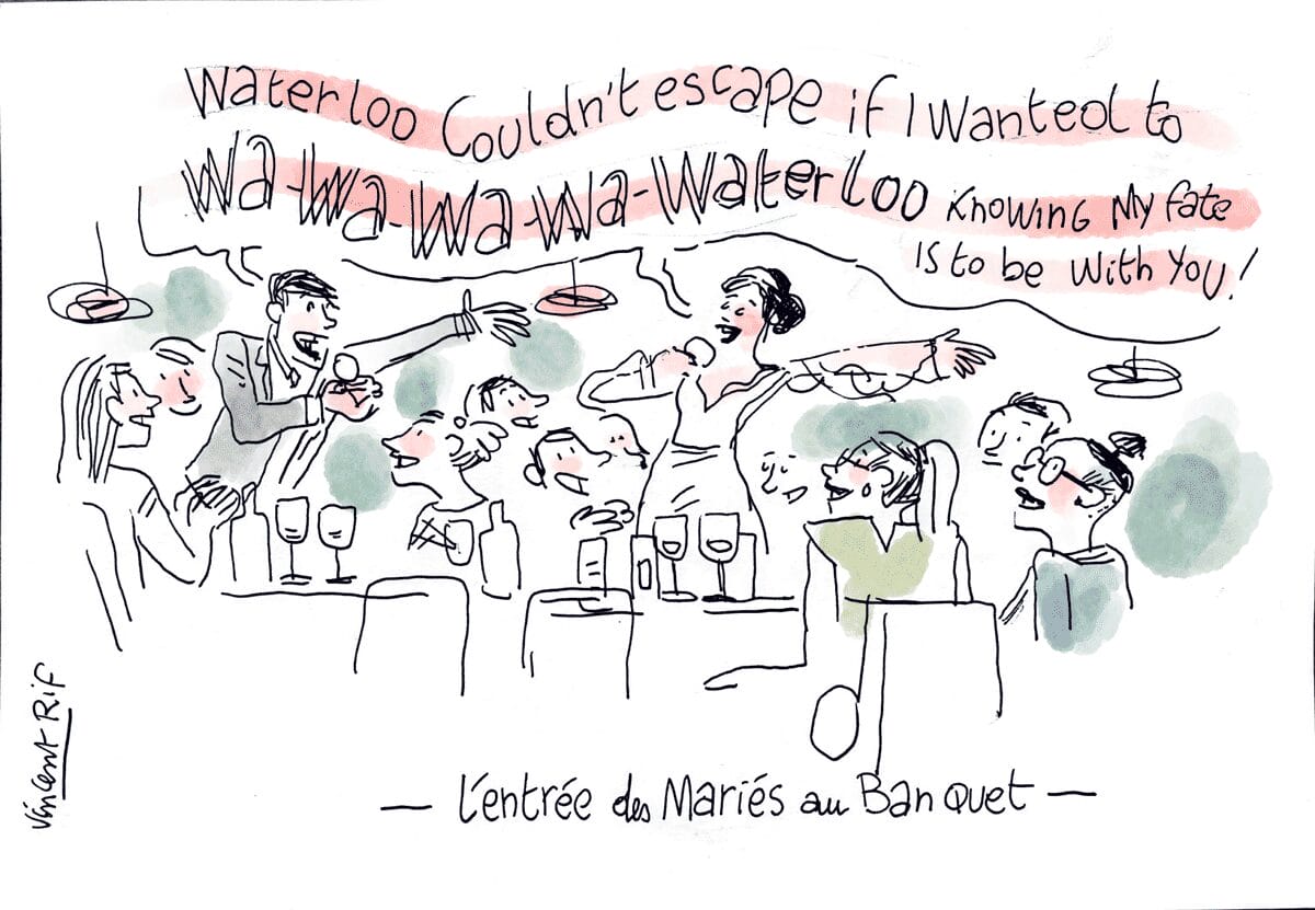 Dessin d'un mariage à La Rochelle (Charente-Maritime). Vin d'honneur dans les jardins du domaine Les Mottais
