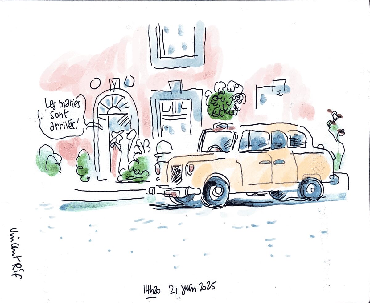 Dessin d'un mariage à La Rochelle (Charente-Maritime). photographie du mariage à la mairie de la Rochelle, extérieur