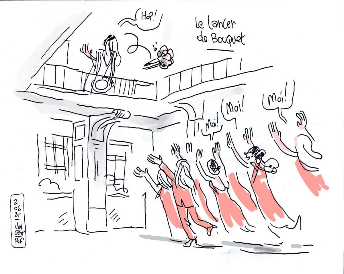 Dessin d'un mariage à La Rochelle (Charente-Maritime). mairie de la rochelle et sortie des mariés