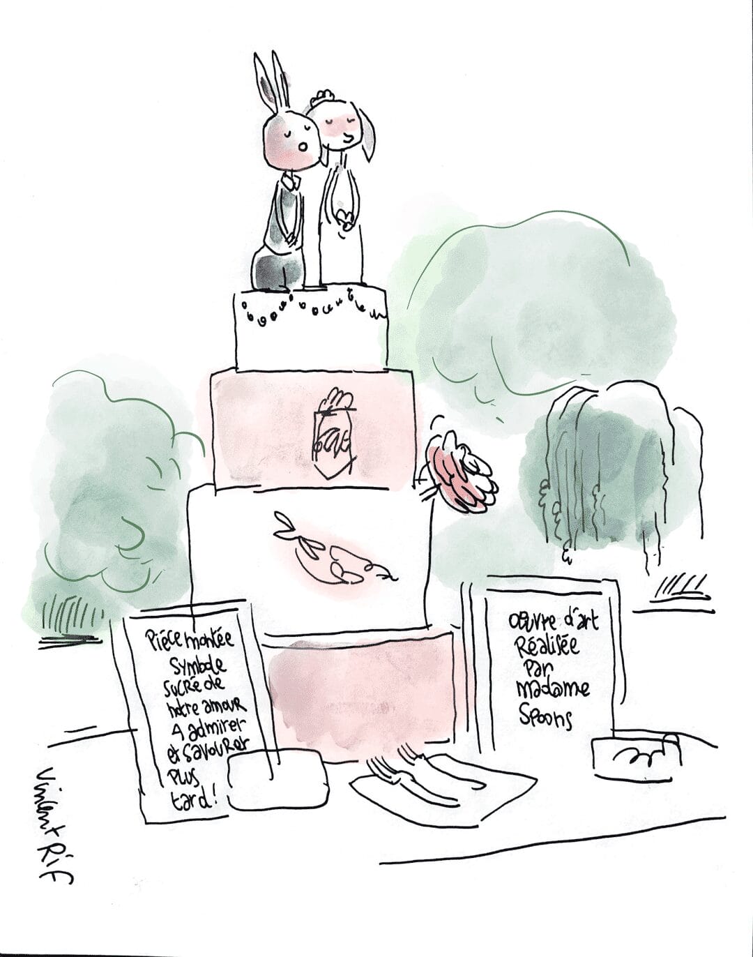 Dessin d'un mariage à La Rochelle (Charente-Maritime). Vin d'honneur et spectacle des parents