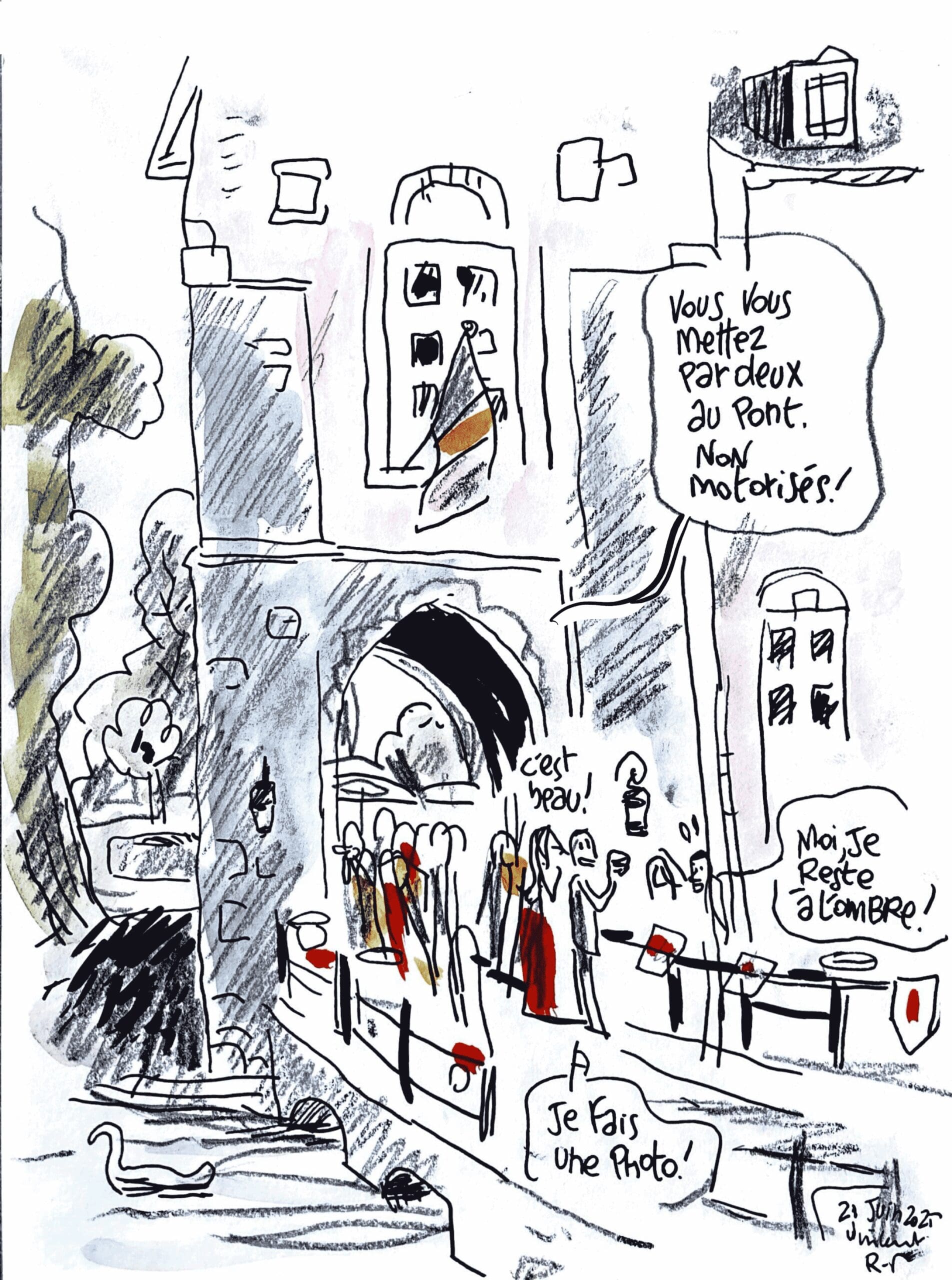 Dessin d'un mariage à La Rochelle (Charente-Maritime). mairie de la rochelle et sortie des mariés