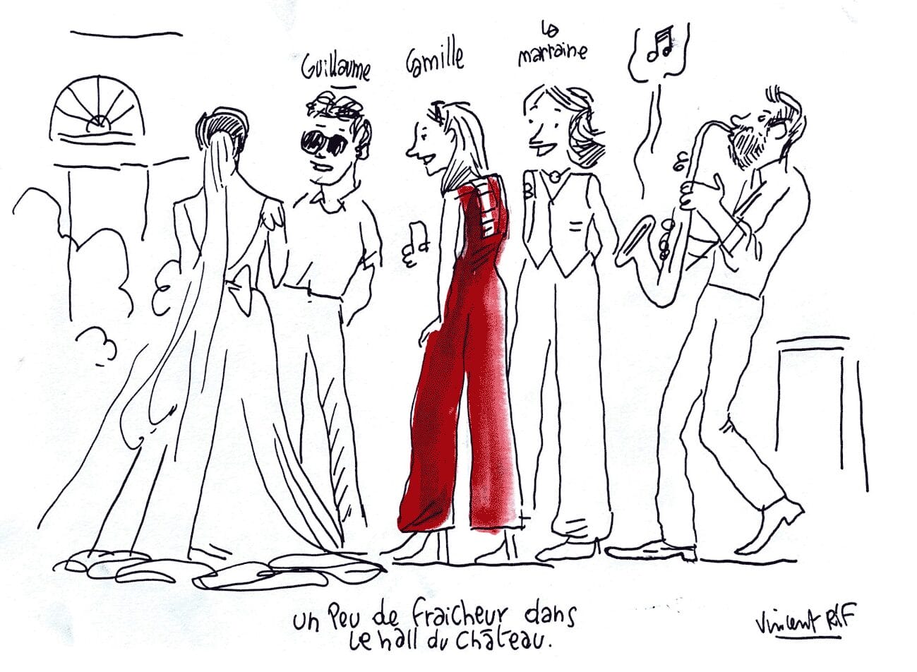Dessin d'un mariage à La Rochelle (Charente-Maritime). mairie de la rochelle et sortie des mariés