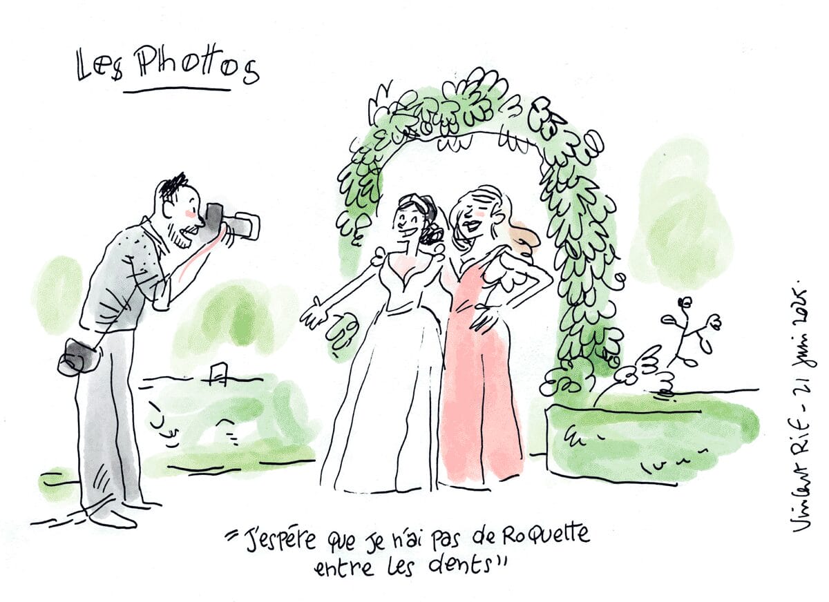 Dessin d'un mariage à La Rochelle (Charente-Maritime). mairie de la rochelle et sortie des mariés