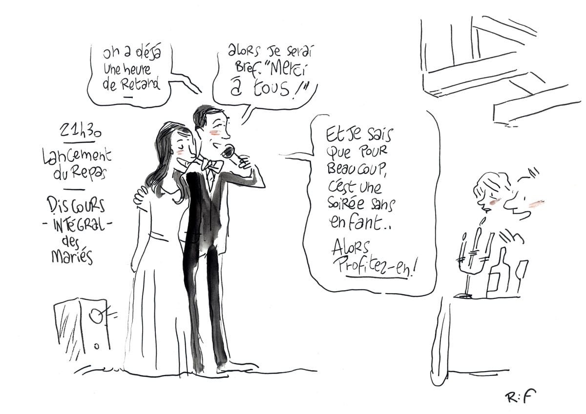 Dessin d'un mariage à La Rochelle (Charente-Maritime). discours des mariés avant le repas