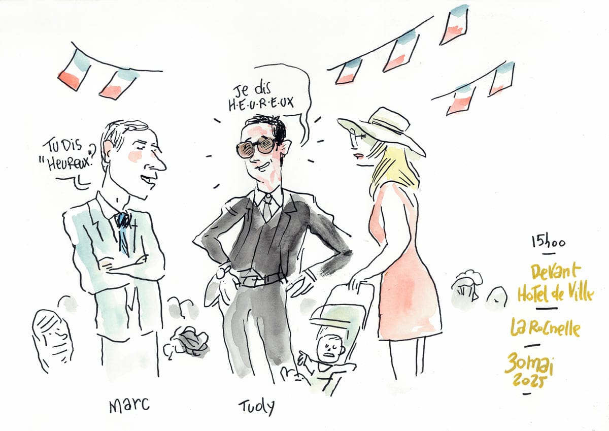 Dessin d'un mariage à La Rochelle (Charente-Maritime). photographie du mariage à la mairie de la Rochelle, attente des invités