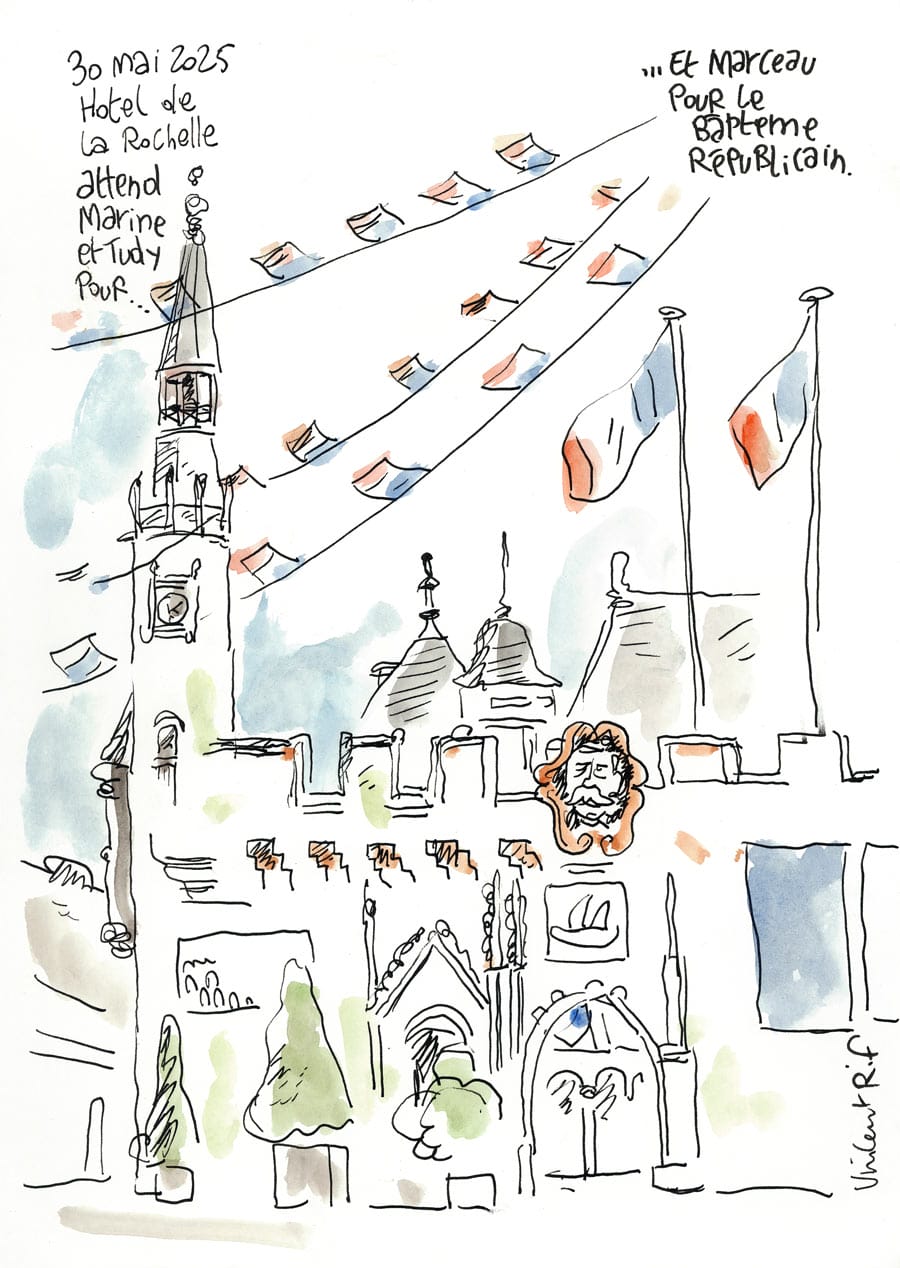 Dessin d'un mariage à La Rochelle (Charente-Maritime). photographie du mariage à la mairie de la Rochelle, intérieur, devant l'entrée