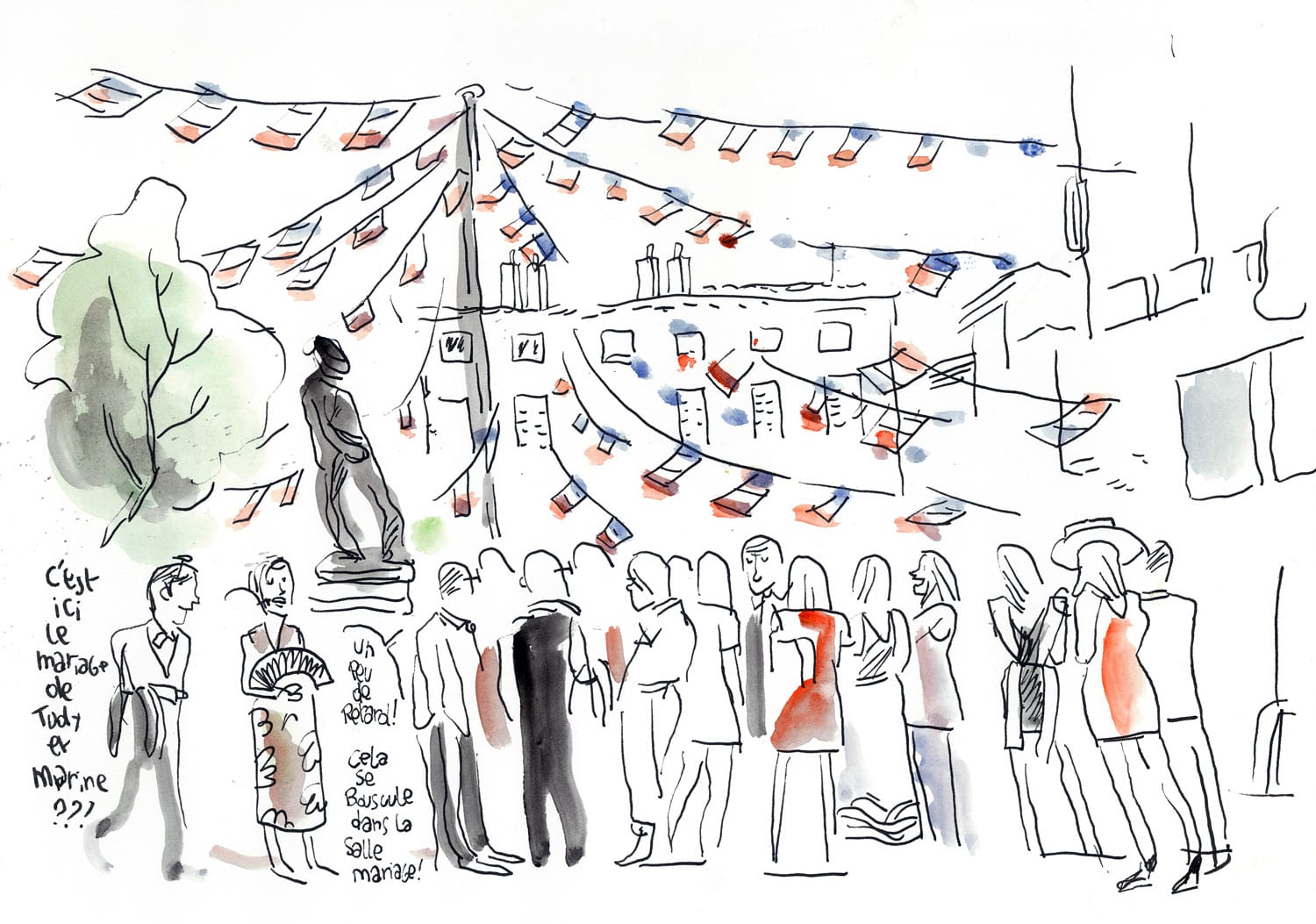 Dessin d'un mariage à La Rochelle (Charente-Maritime). photographie du mariage à la mairie de la Rochelle, extérieur