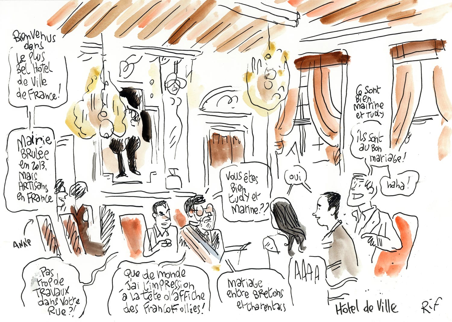 Dessin d'un mariage à La Rochelle (Charente-Maritime). photographie du mariage à l'hotel de ville de la Rochelle, intérieur