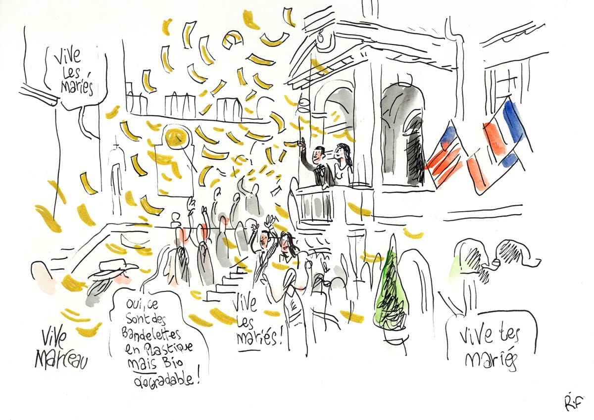 Dessin d'un mariage à La Rochelle (Charente-Maritime). mairie de la rochelle et sortie des mariés